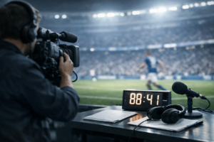 Ein Kameramann in einem Fußballstadion filmt ein Spiel