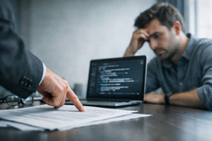 Ein Mann sitzt nachdenklich am Schreibtisch vor einem Laptop mit Code, während eine Hand auf ein juristisches Dokument zeigt; Thema KI-Haftung.