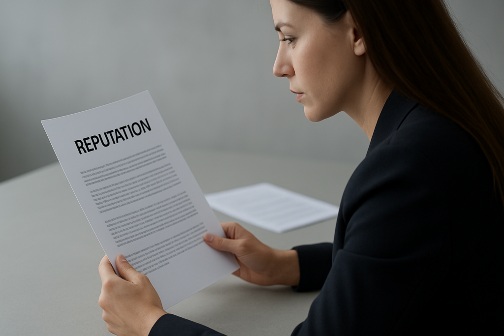 Eine Person in Anzug betrachtet aufmerksam ein Dokument mit der Überschrift „REPUTATION“ auf einem Tisch. Im Hintergrund liegen weitere Blätter.