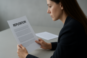 Eine Person in Anzug betrachtet aufmerksam ein Dokument mit der Überschrift „REPUTATION“ auf einem Tisch. Im Hintergrund liegen weitere Blätter.